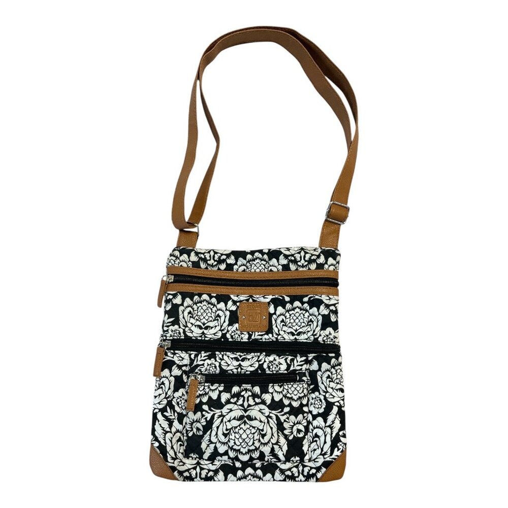 Stone Mountain USA Quilted Cotton Crossbody Bag – Black & White Floral – 11" x 9